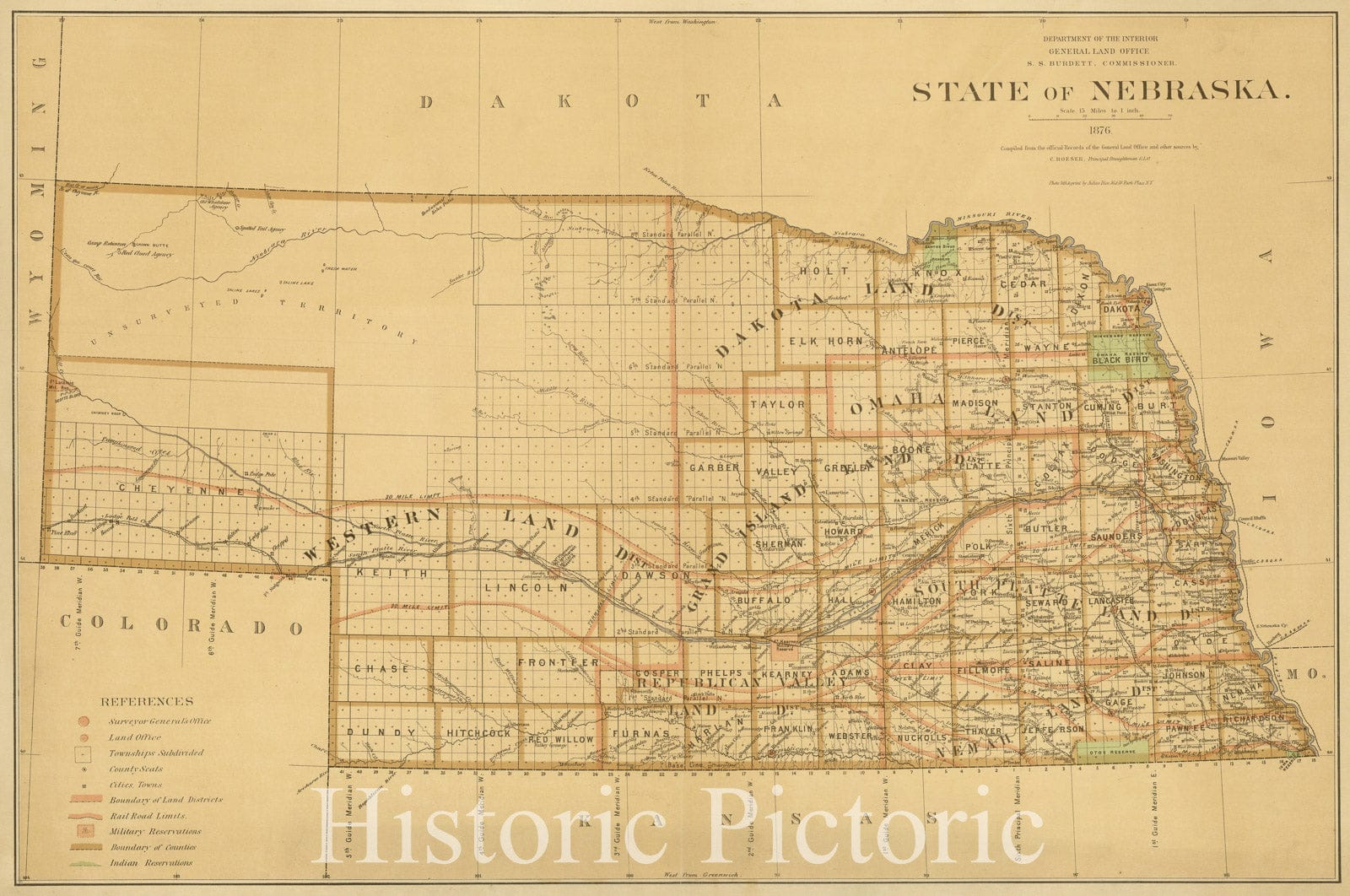 Map : Nebraska 1876, State of Nebraska : compiled from the official records of the General Land Office and other sources , Antique Vintage Reproduction