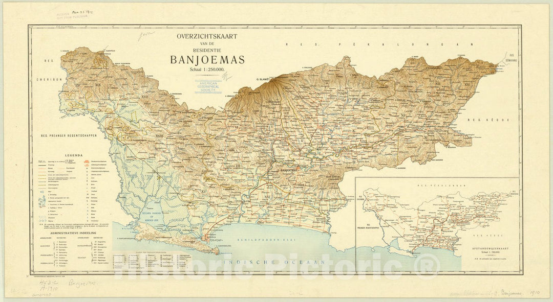 Map : Banyumas, Indonesia 1910, Overzichtskaart van de residentie Banjoemas, Antique Vintage Reproduction