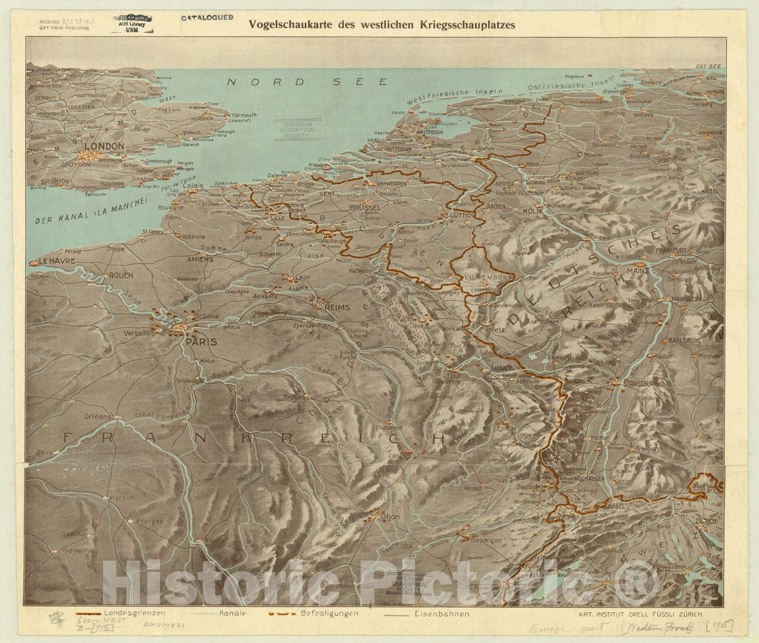 Map : Europe 1915, Vogelschaukarte des westlichen Kriegsschauplatzes , Antique Vintage Reproduction