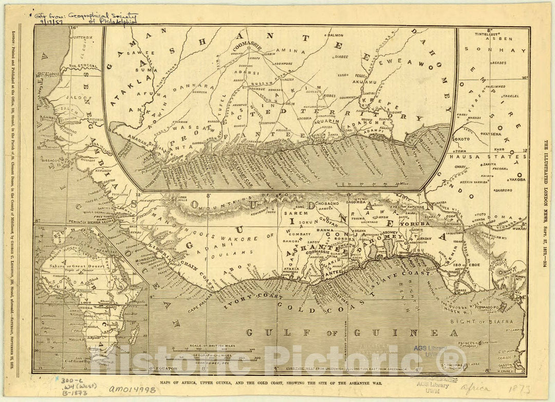 Map : Africa 1873, Maps of Africa, Upper Guinea, and the Gold Coast, showing the site of the Ashantee War , Antique Vintage Reproduction