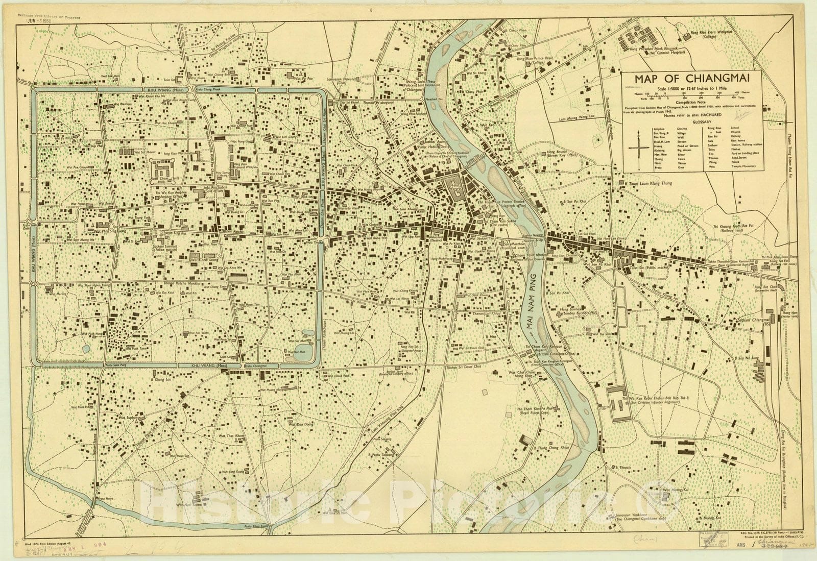 Map : Chian Mai, Thailand 1945, Map of Chiangmai , Antique Vintage Reproduction