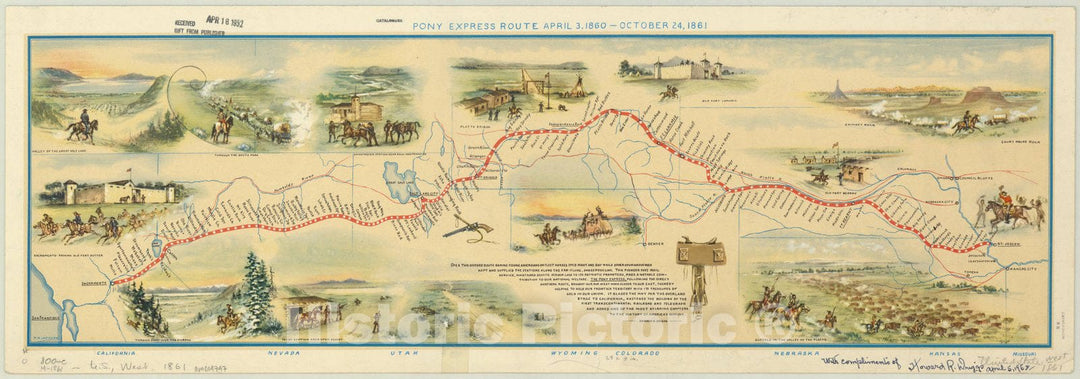 Map : United States 1860 1951, Pony express route April 3, 1860 - October 24, 1861, Antique Vintage Reproduction