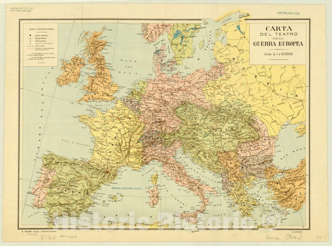 Map : Europe 1916, Carta del teatro della guerra Europea , Antique Vintage Reproduction