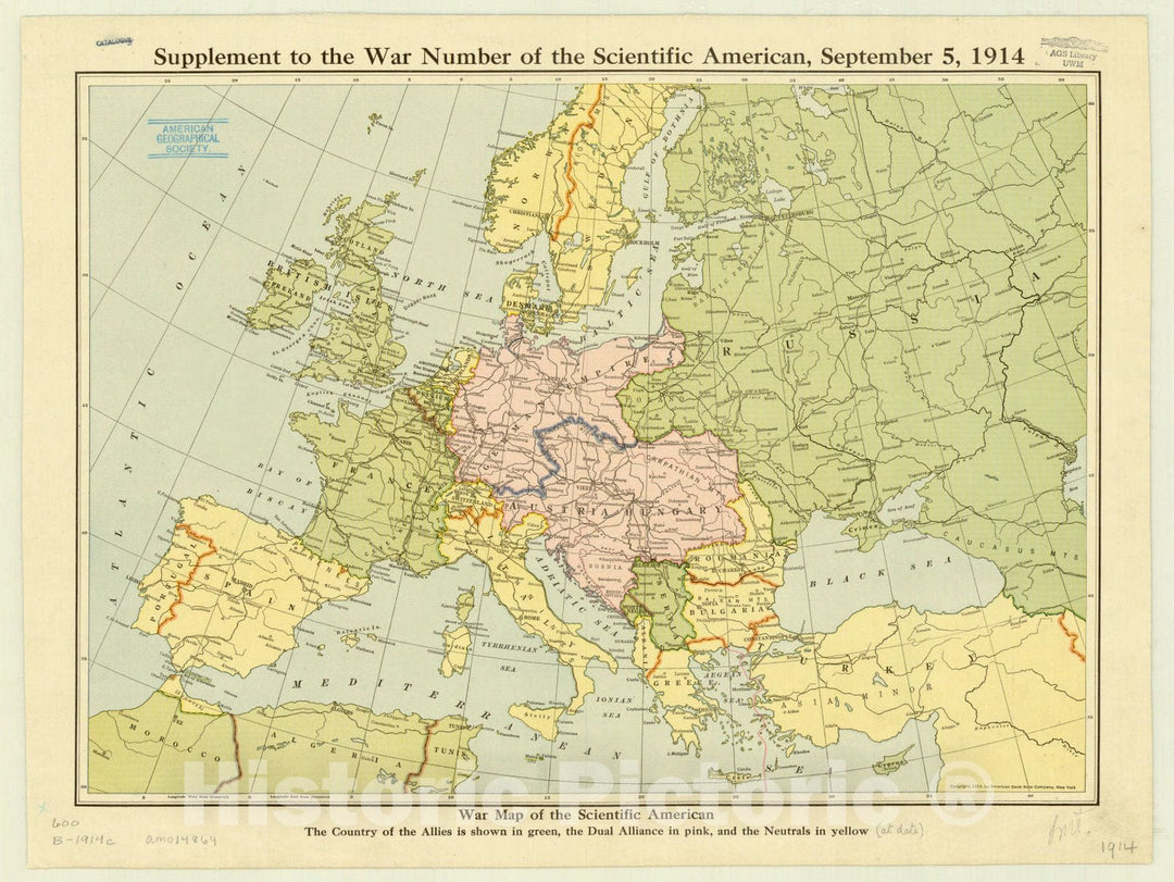 Map : Europe 1914, War map of the Scientific American : the country of the Allies is shown in green, the Dual Alliance in pink, and the neutrals in yellow