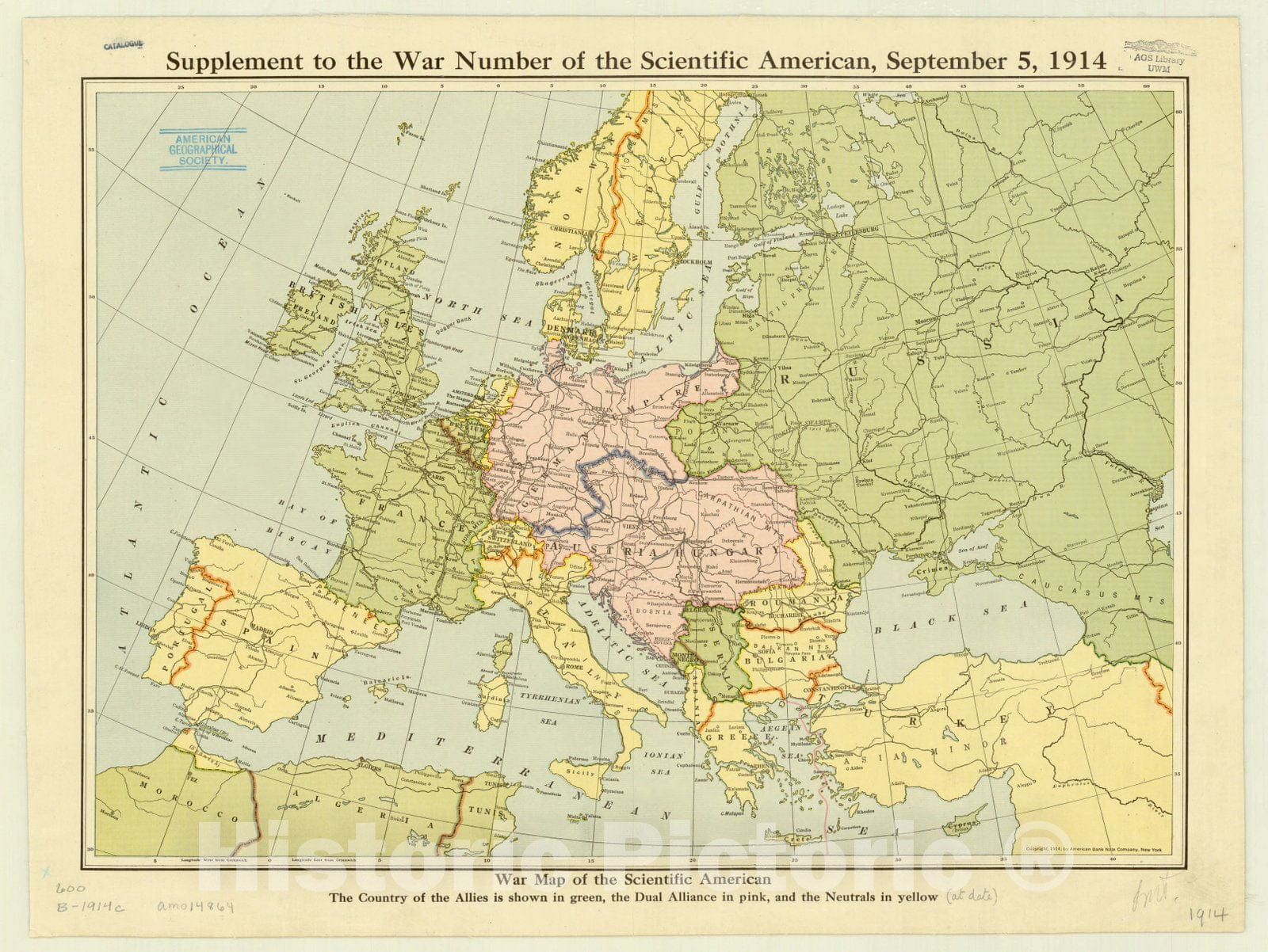 Map : Europe 1914, War map of the Scientific American : the country of the Allies is shown in green, the Dual Alliance in pink, and the neutrals in yellow