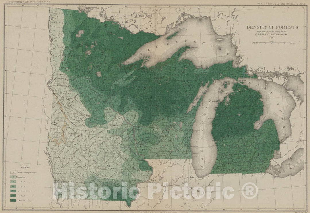 Map : Wisconsin, Minnesota, Michigan, Iowa, 1883, density of forests, Density of forests , Antique Vintage Reproduction