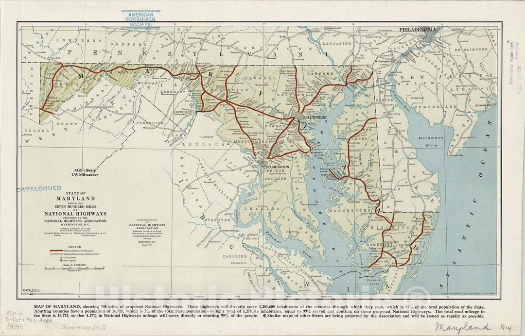 Map : Maryland 1914, State of Maryland : showing seven hundred miles of national highways , Antique Vintage Reproduction