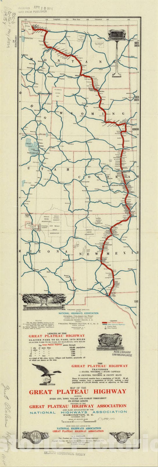 Historic Map : Rocky Mountain region 1915, Map of the Great Plateau Highway : showing every city, town, village and hamlet throughout its entire length , Antique Vintage Reproduction