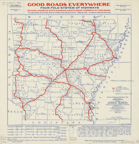 Map : Arkansas 1916, National Highways preliminary map of the State of Arkansas showing eighteen hundred miles of national highways, Antique Vintage Reproduction
