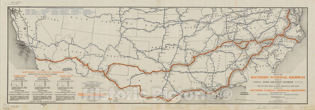 Historic Map : United States 1915, Map of the Southern National Highway [in the United States] : including its Gulf-Atlantic Division (borderland route) , Antique Vintage Reproduction