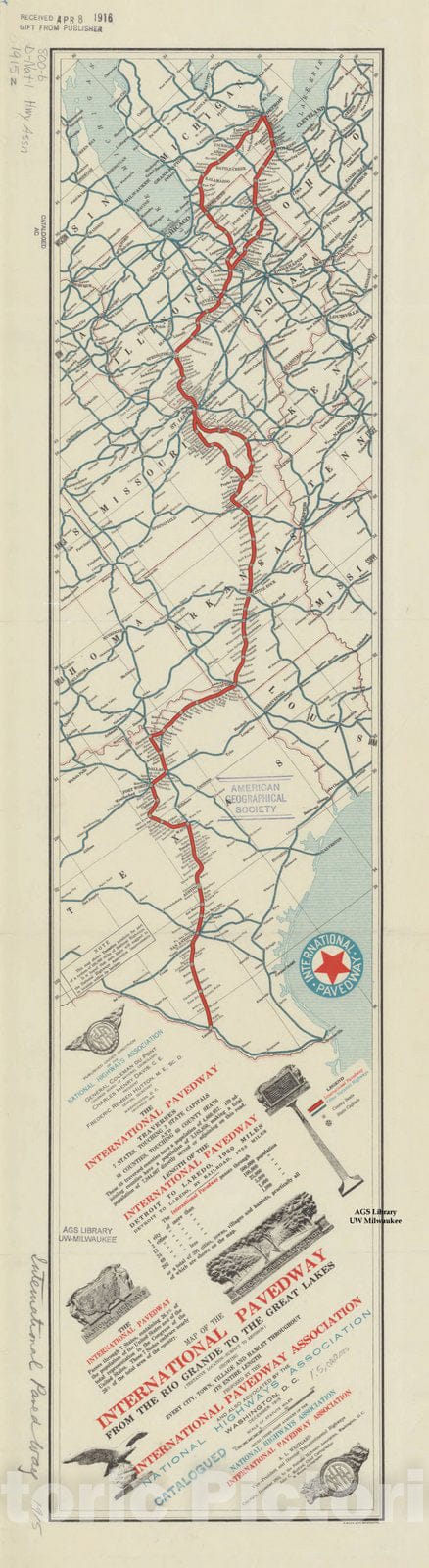 Historic Map : United States 1915, Map of the International Pavedway from the Rio Grande to the Great Lakes... showing every city, town, village and hamlet, Antique Vintage Reproduction