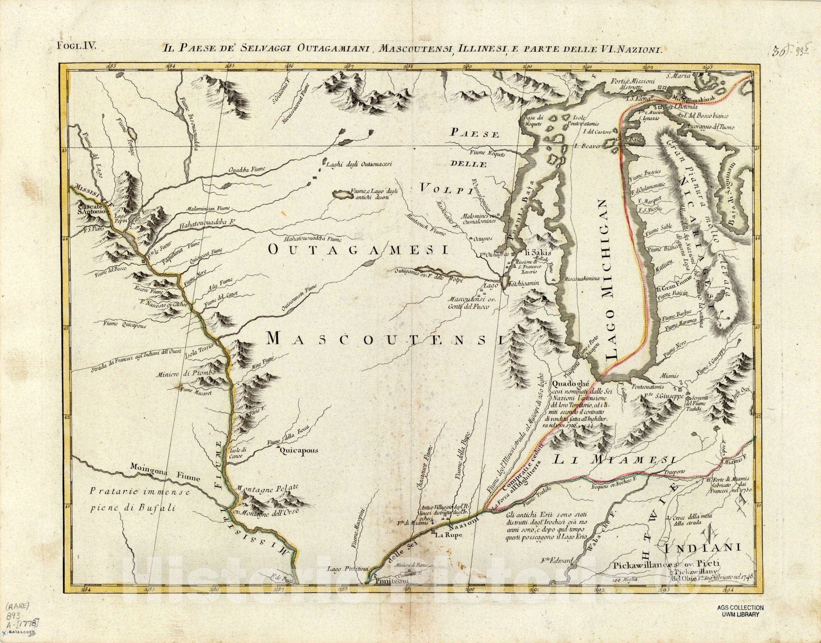 Map : Lake Michigan territory 1778, Il Paese de selvaggi Outagamiani, Mascoutensi, Illinesi, e parte delle VI Nazioni, Antique Vintage Reproduction