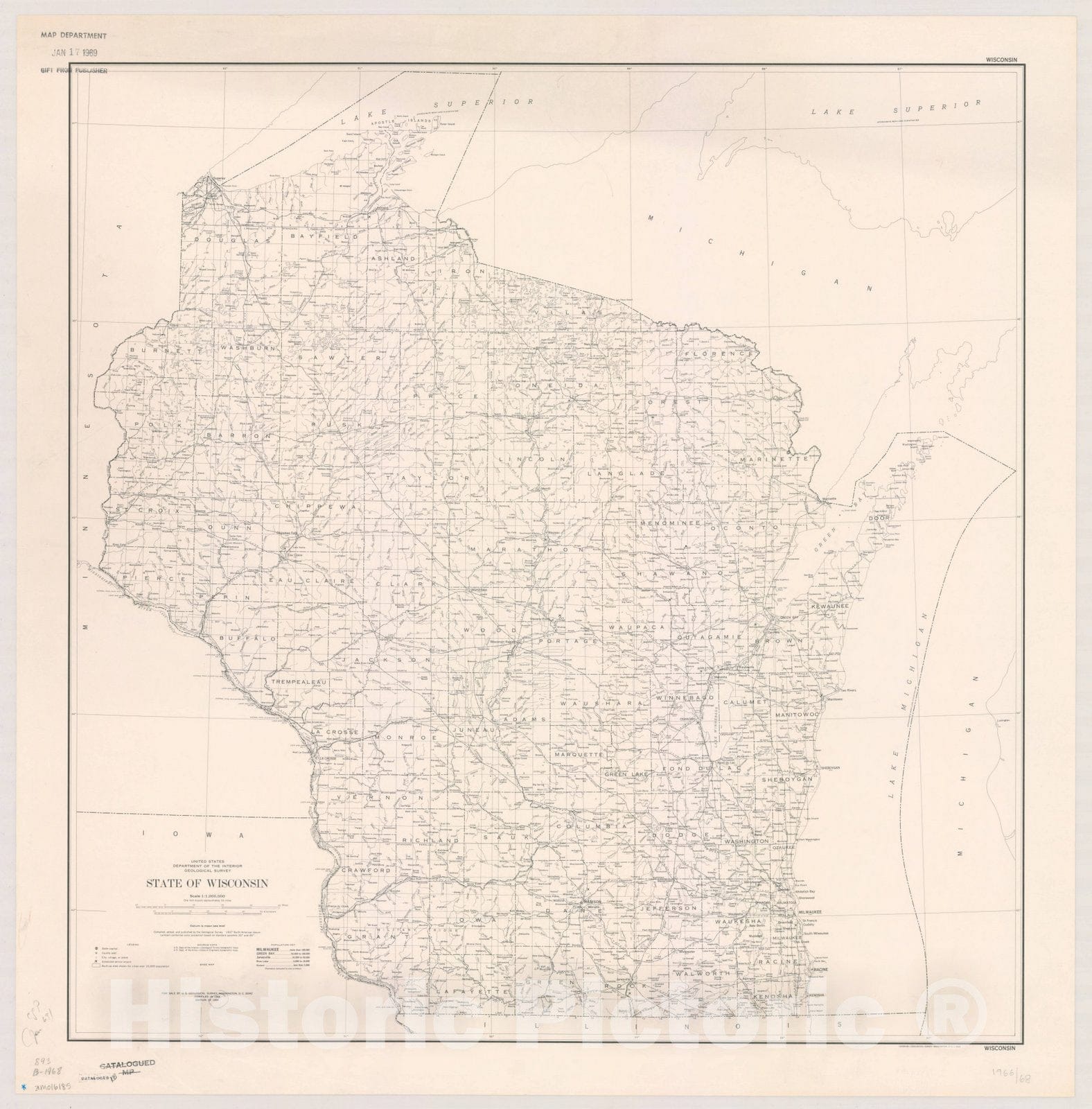 Map : Wisconsin 1968, State of Wisconsin: Base map. Compiled in 1966, Antique Vintage Reproduction