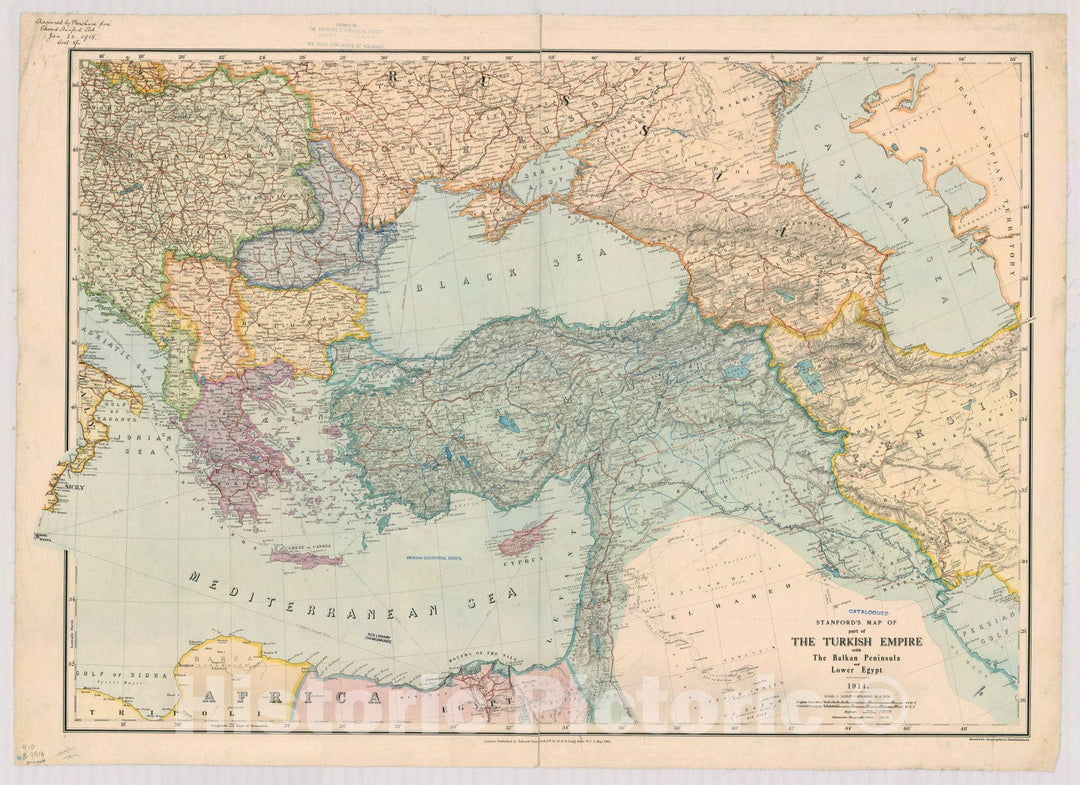 Map : Turkey 1914, Stanford's map of part of the Turkish Empire with the Balkan Peninsula and lower Egypt , Antique Vintage Reproduction