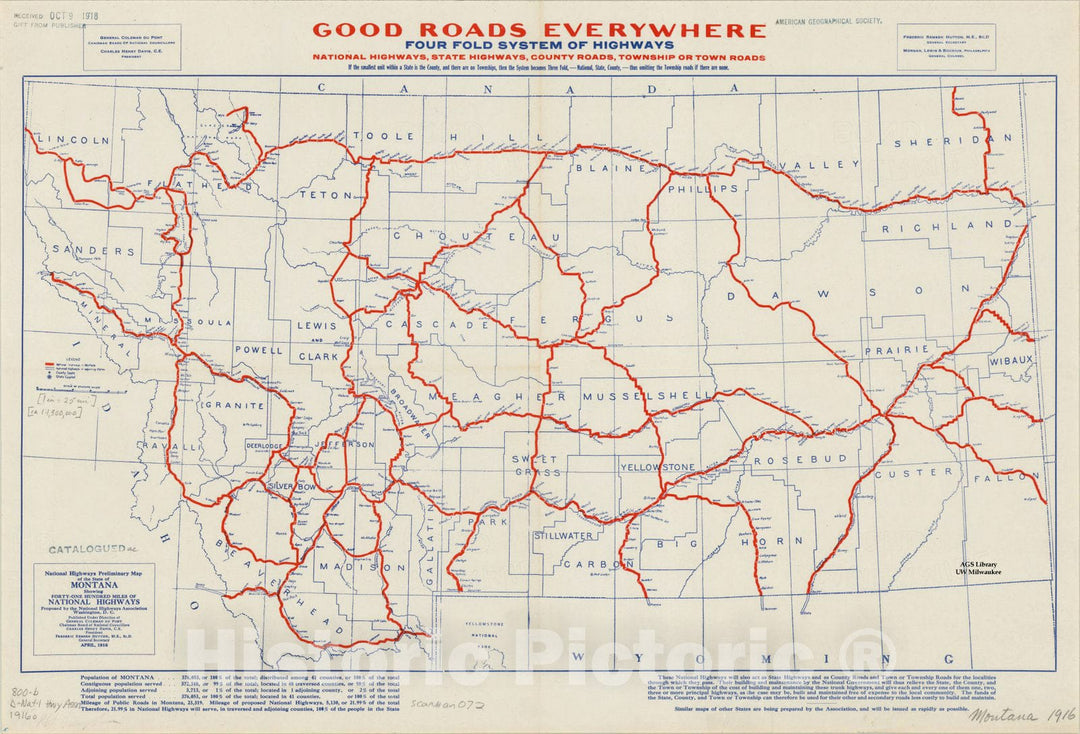 Map : Montana 1916, National highways preliminary map of the state of Montana : showing forty-one hundred miles of national highways , Antique Vintage Reproduction