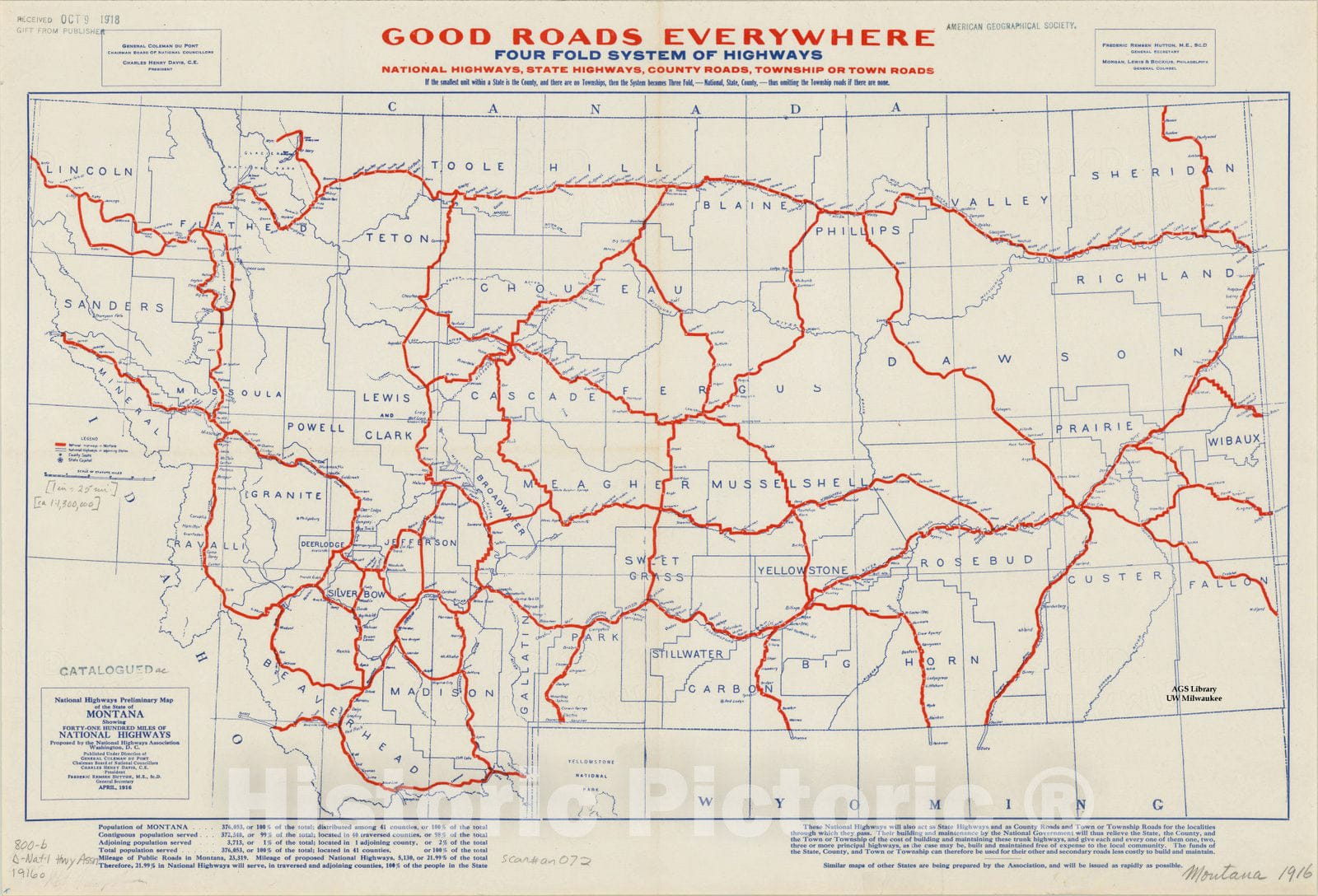 Map : Montana 1916, National highways preliminary map of the state of Montana : showing forty-one hundred miles of national highways , Antique Vintage Reproduction