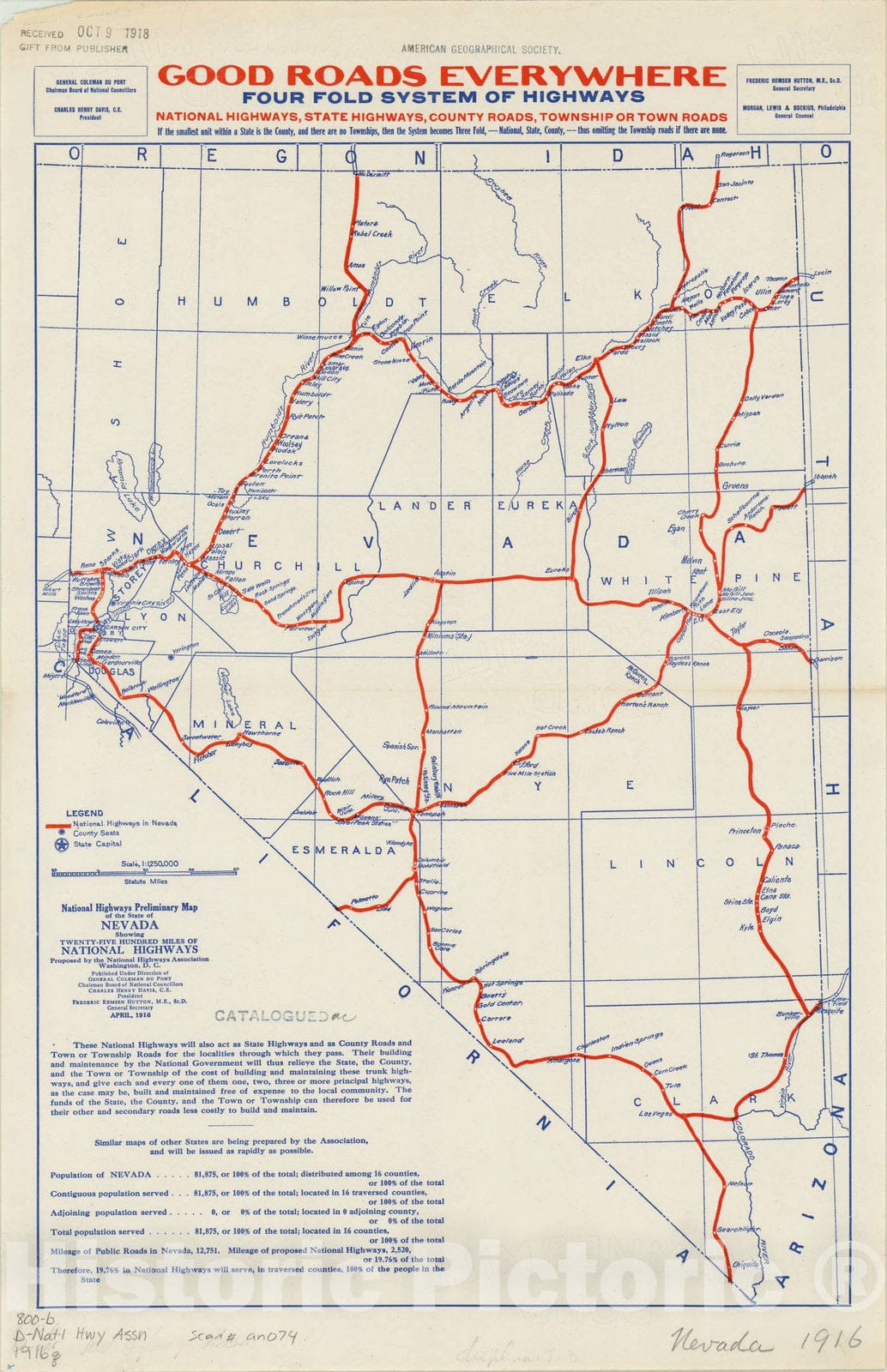 Map : Nevada 1916, National highways preliminary map of the state of Nevada : showing twenty-five hundred miles of national highways, Antique Vintage Reproduction