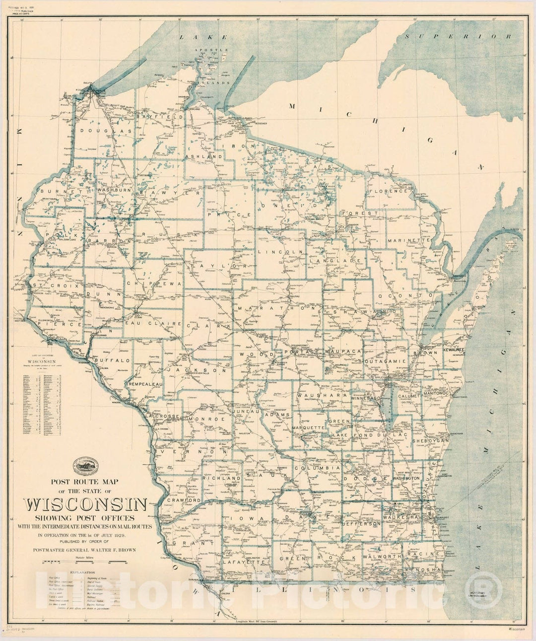 Historic Map : Wisconsin 1929, Post route map of the state of Wisconsin : showing post offices with the intermediate distances on mail routes in operation on the 1st of July 1929