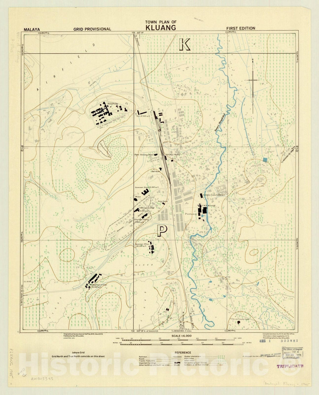 Map : Johor, Malaysia 1945, Town plan of Kluang , Antique Vintage Reproduction