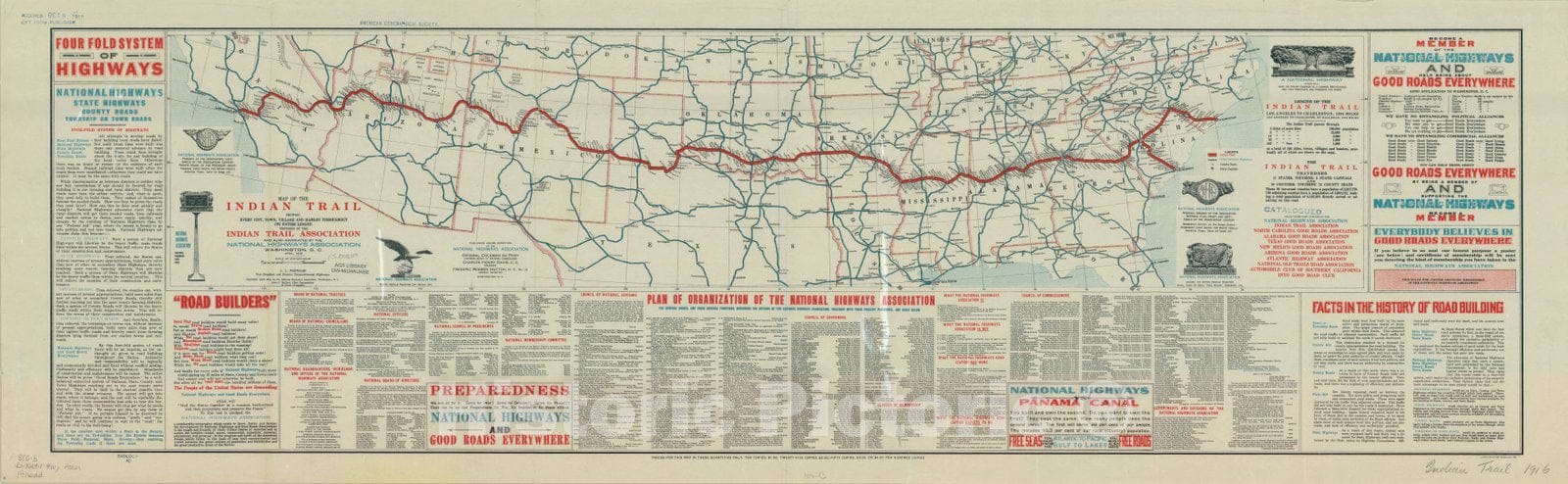 Map : United States, southern 1916, Map of the Indian Trail : showing every city, town, village and hamlet throughout its entire length , Antique Vintage Reproduction