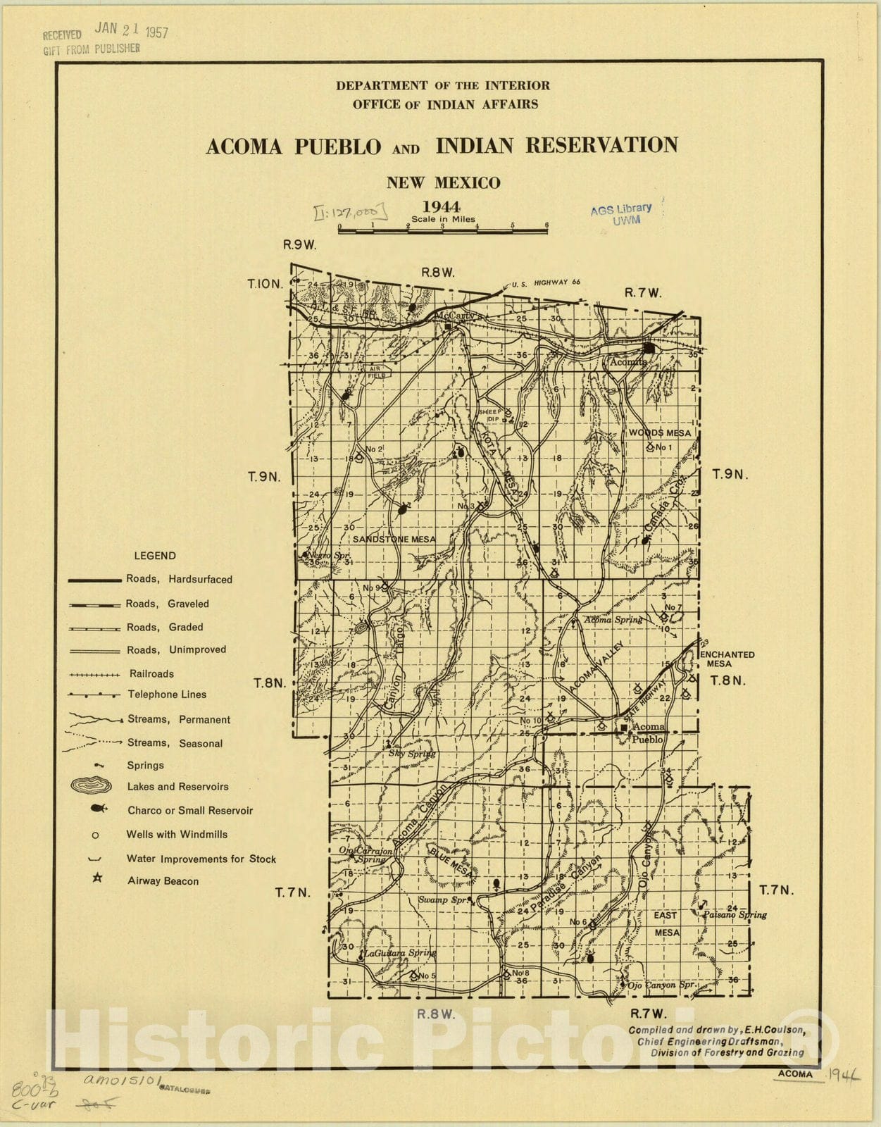 Map : New Mexico 1944, Acoma Pueblo and Indian Reservation, New Mexico, 1944 , Antique Vintage Reproduction