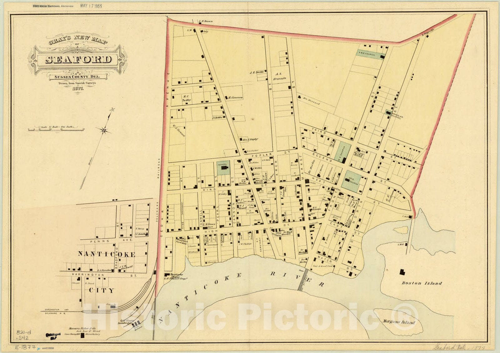 Map : Delaware 1877, Gray's new map of Seaford, Sussex County, Del. , Antique Vintage Reproduction