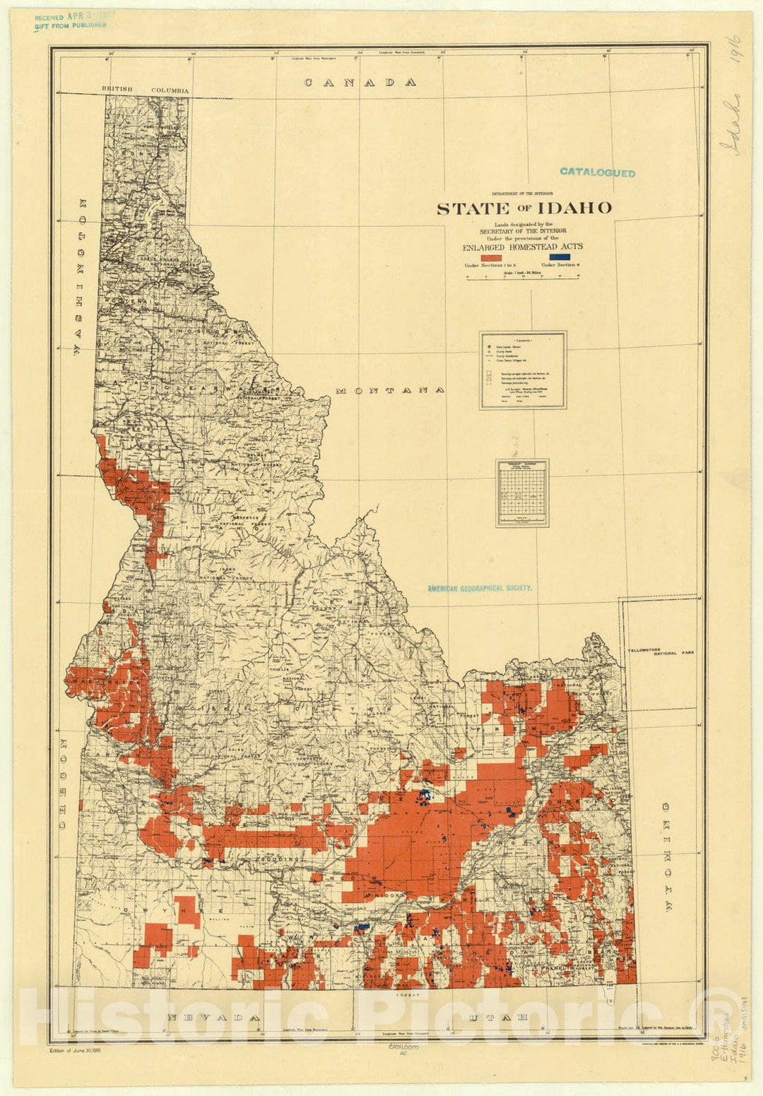 Map : Idaho 1916, State of Idaho : lands designated by the Secretary of the Interior under the provisions of the enlarged Homestead Acts , Antique Vintage Reproduction