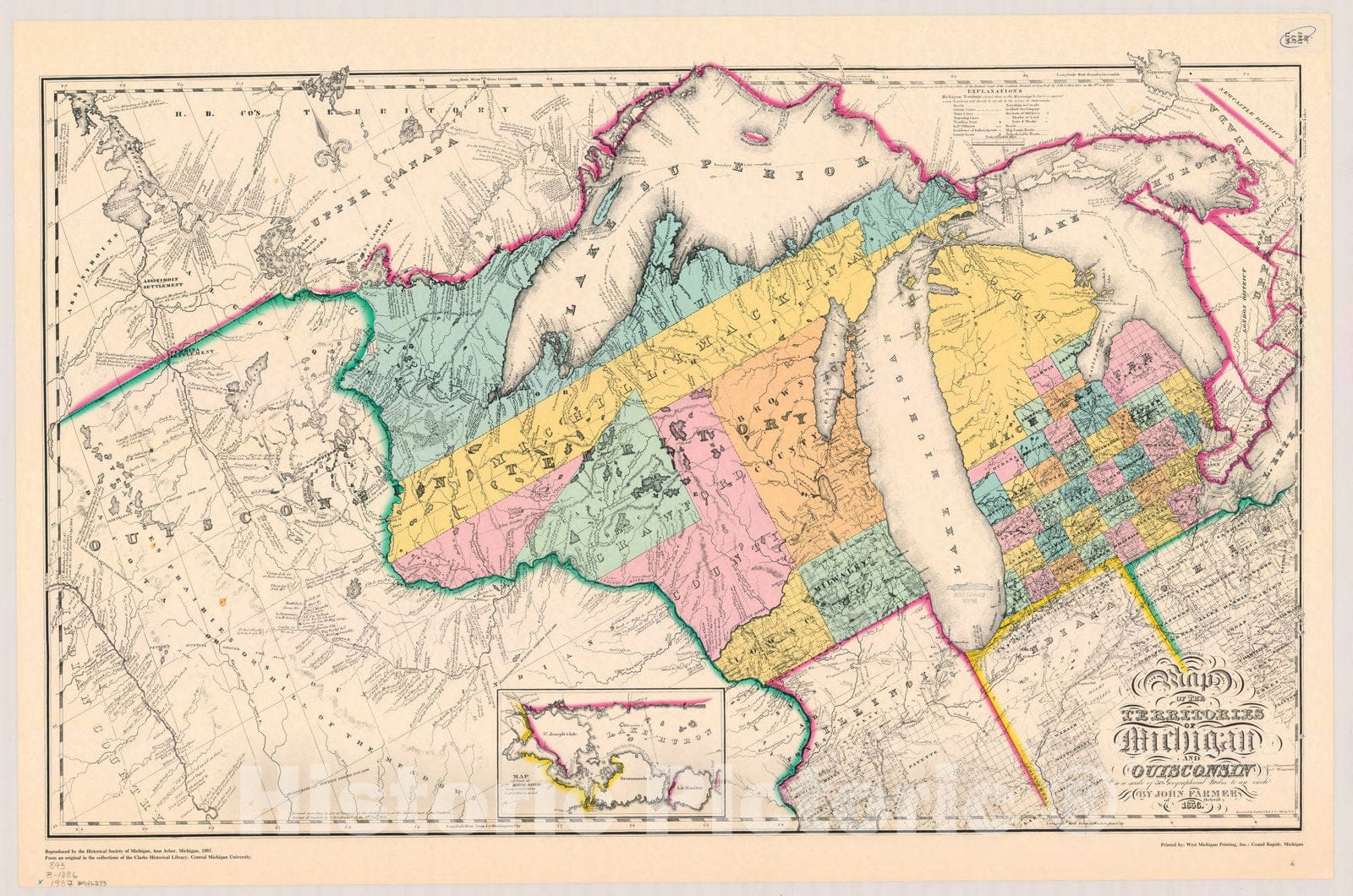 Historic Map : Michigan 1856, Map of the territories of Michigan and Ouisconsin on a scale of 30 geographical miles to an inch [cartographic material] , Antique Vintage Reproduction