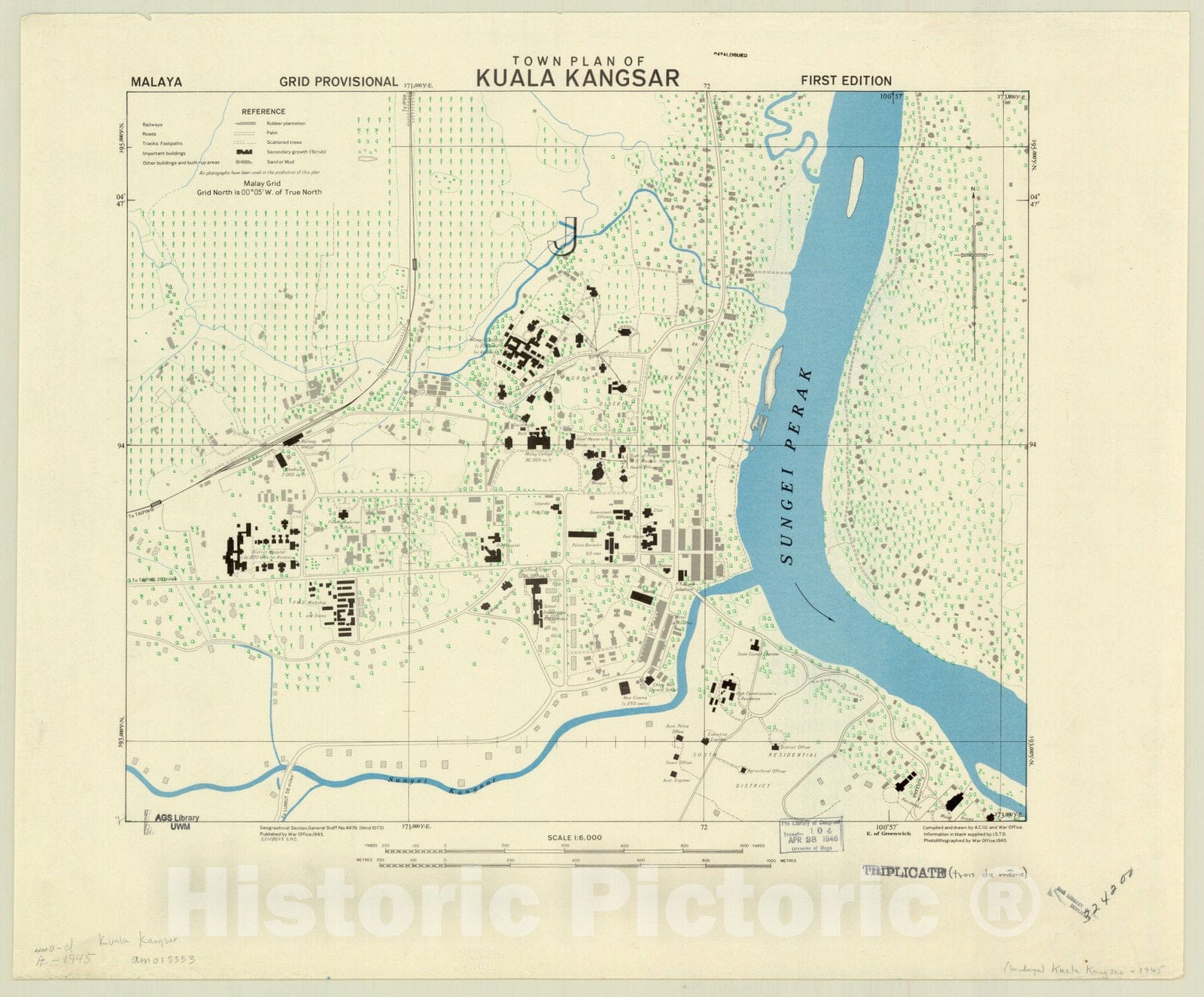 Map : Perak Malaysia 1945, Town plan of Kuala Kangsar , Antique Vintage Reproduction