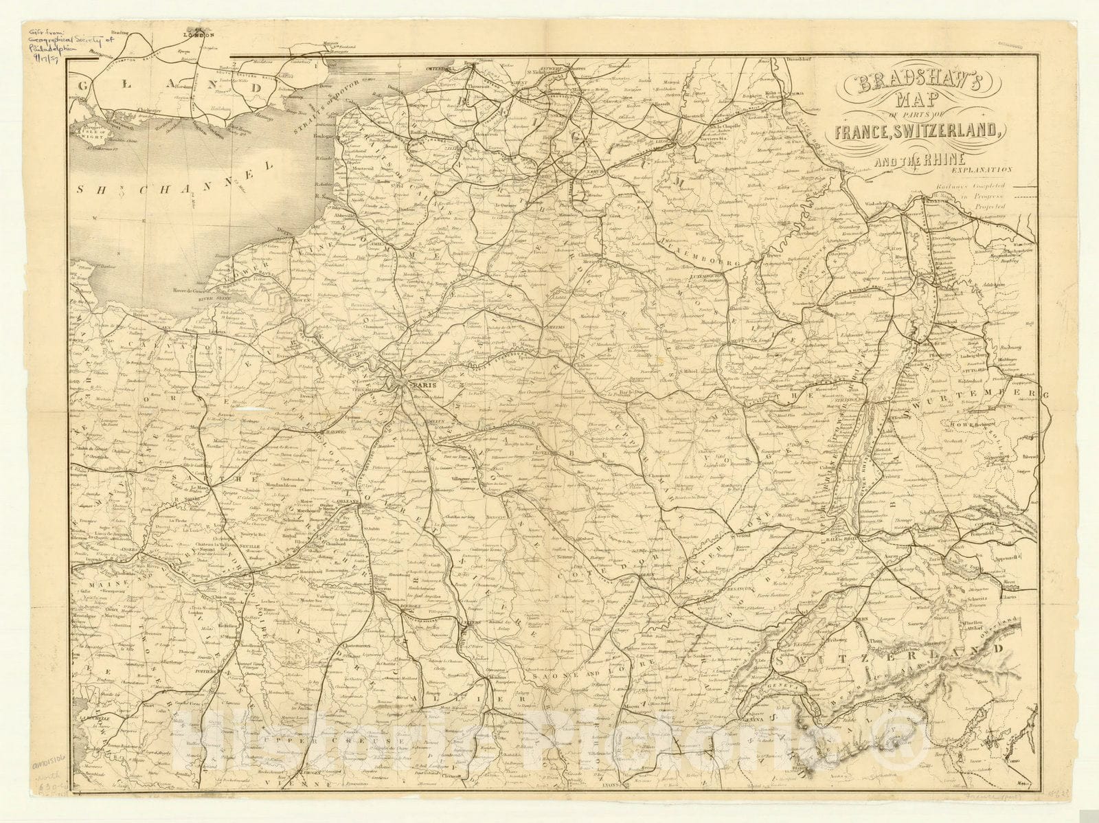 Map : Europe 1862, Bradshaw's map of parts of France, Switzerland and the Rhine, Antique Vintage Reproduction