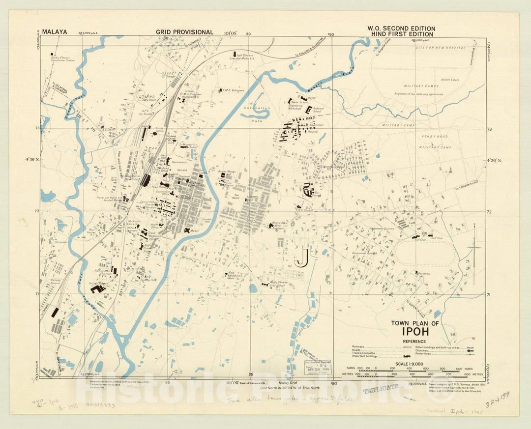 Map : Perak, Malaysia 1945, Town plan of Ipoh , Antique Vintage Reproduction