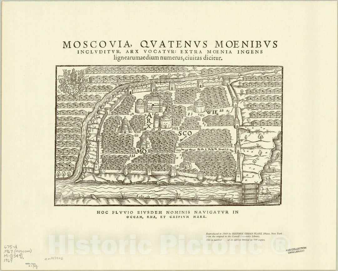 Historic Map : Moscow, Russia 1549, 1969, Moscovia, quatenus moenibus includitur arx vocatur; extra moenia ingens lignearumaedium numerus, civitas dicitur, Antique Vintage Reproduction