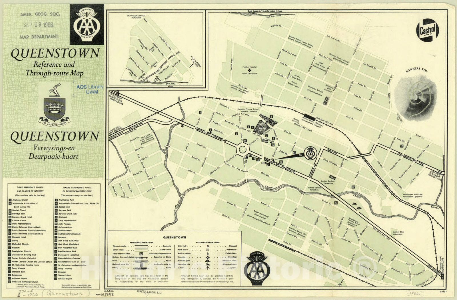 Map : Queenstown, South Africa 1966, Queenstown reference and through-route map , Antique Vintage Reproduction