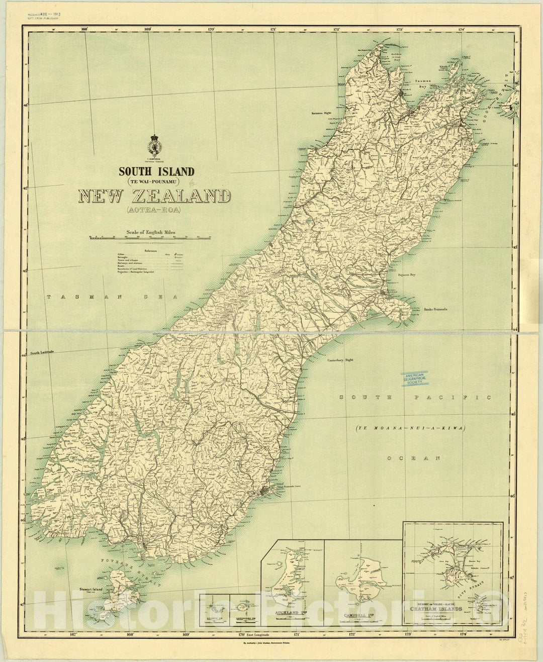 Map : South Island, New Zealand 1954, South Island (Aotea-Roa), New Zealand, Antique Vintage Reproduction