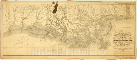 Map : Louisiana 1861, Hydrographical & topographical map of parts of the states of Louisiana, Mississippi & Alabama , Antique Vintage Reproduction