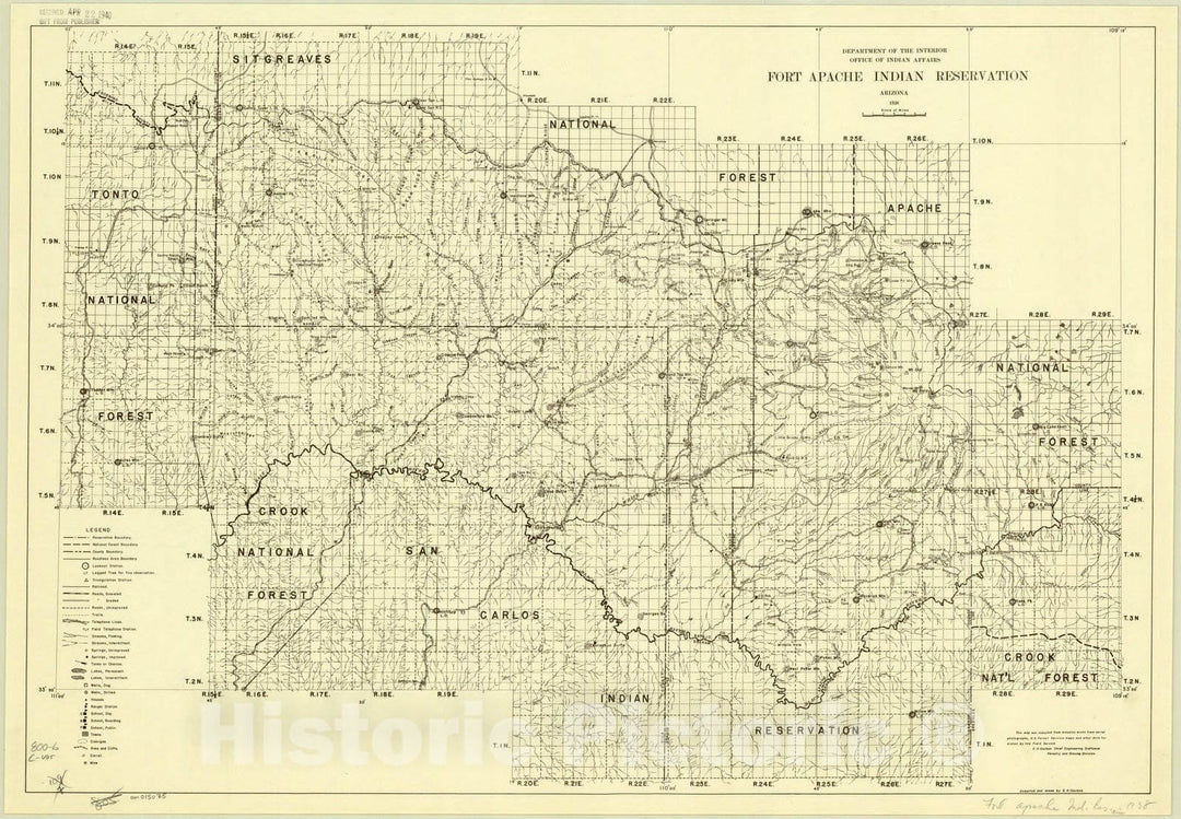 Map : Arizona 1938, Fort Apache Indian Reservation, Arizona : 1938 , Antique Vintage Reproduction