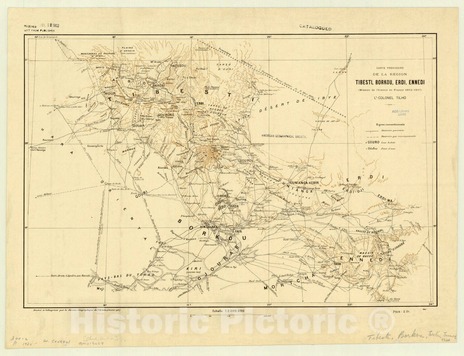 Map : Chad 1920, Carte Provisoire de la region Tibesti, Borkou, Erdi and Ennedi (Mission de l'Institute de France 1912-1917) , Antique Vintage Reproduction