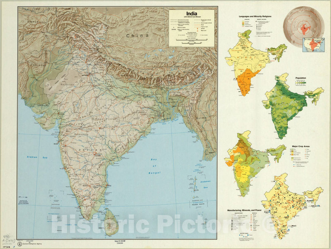 Map : India 1973, India, with Sikkim and Bhutan, Antique Vintage Reproduction