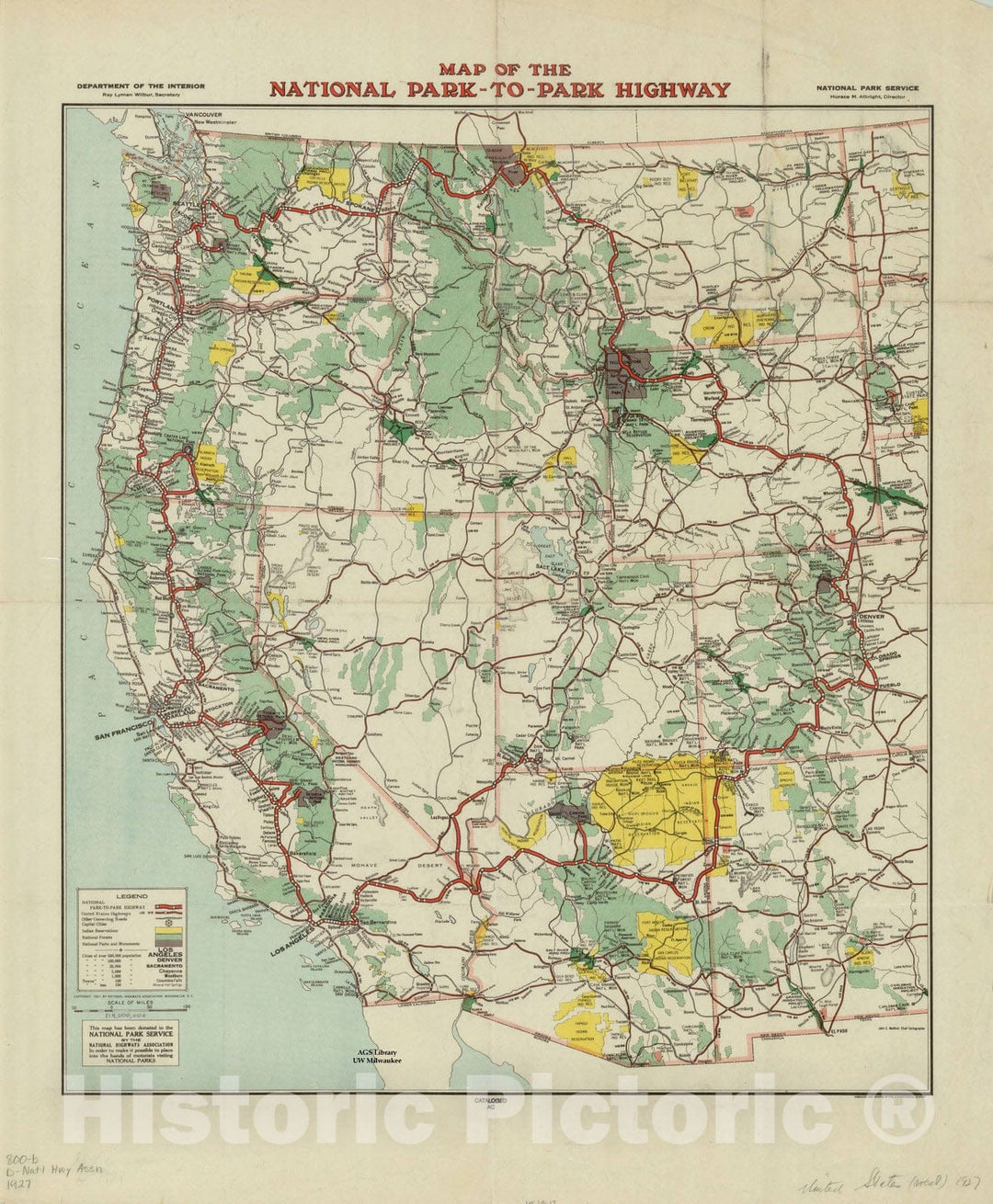 Map : United States 1927, Map of the National Park-to-Park Highway , Antique Vintage Reproduction