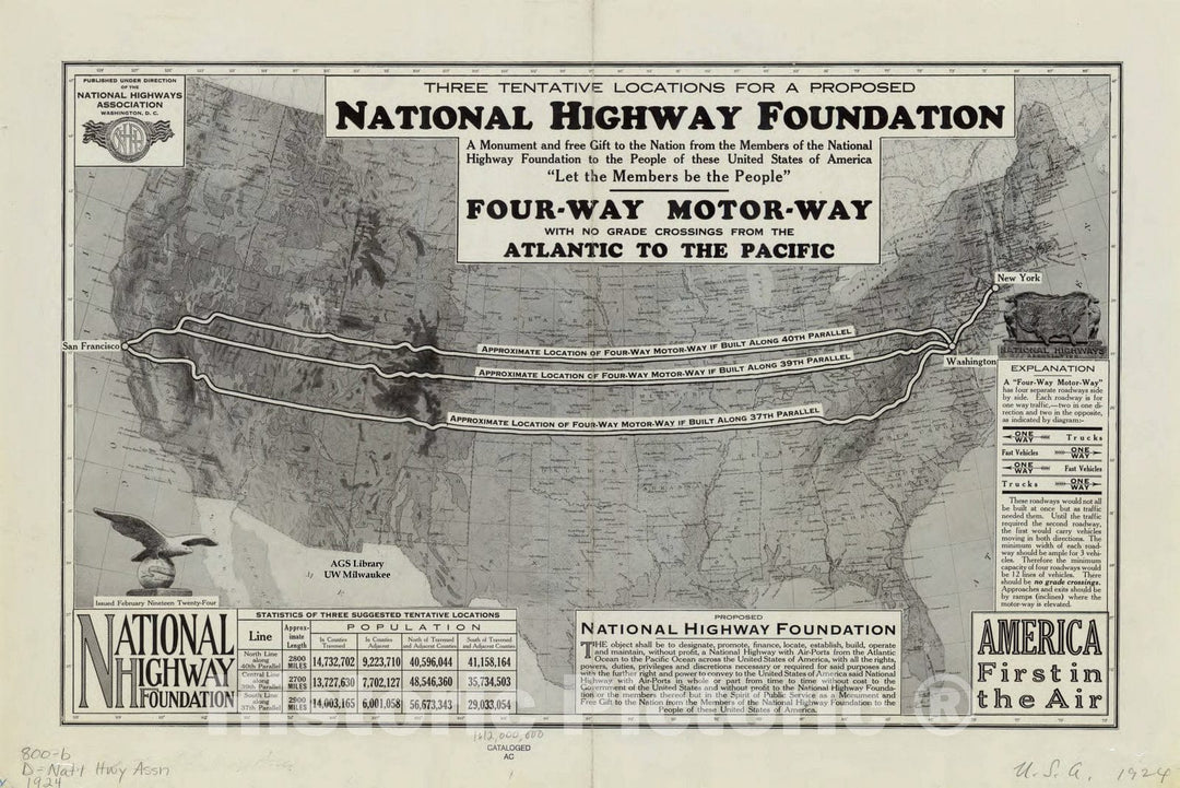 Map : United States 1924, Three tentative locations for a proposed national highway foundation, Antique Vintage Reproduction