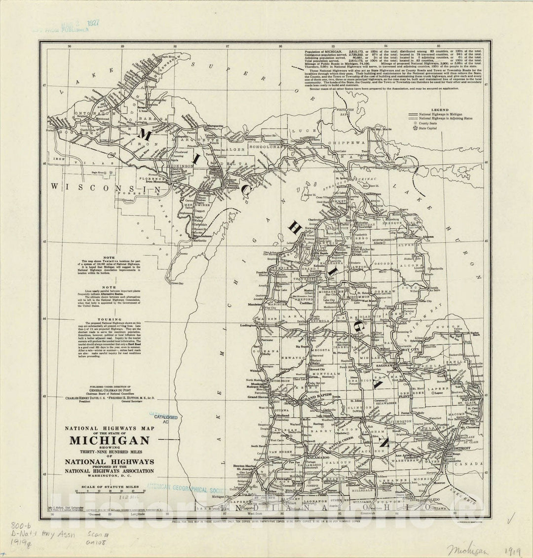 Map : Michigan 1919, National highways map of the state of Michigan: showing thirty-nine hundred miles of national highways