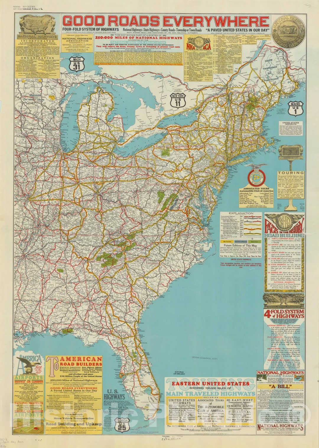 Map : United States 1926, Touring Eastern United States : showing 100,000 miles of main traveled highways , Antique Vintage Reproduction