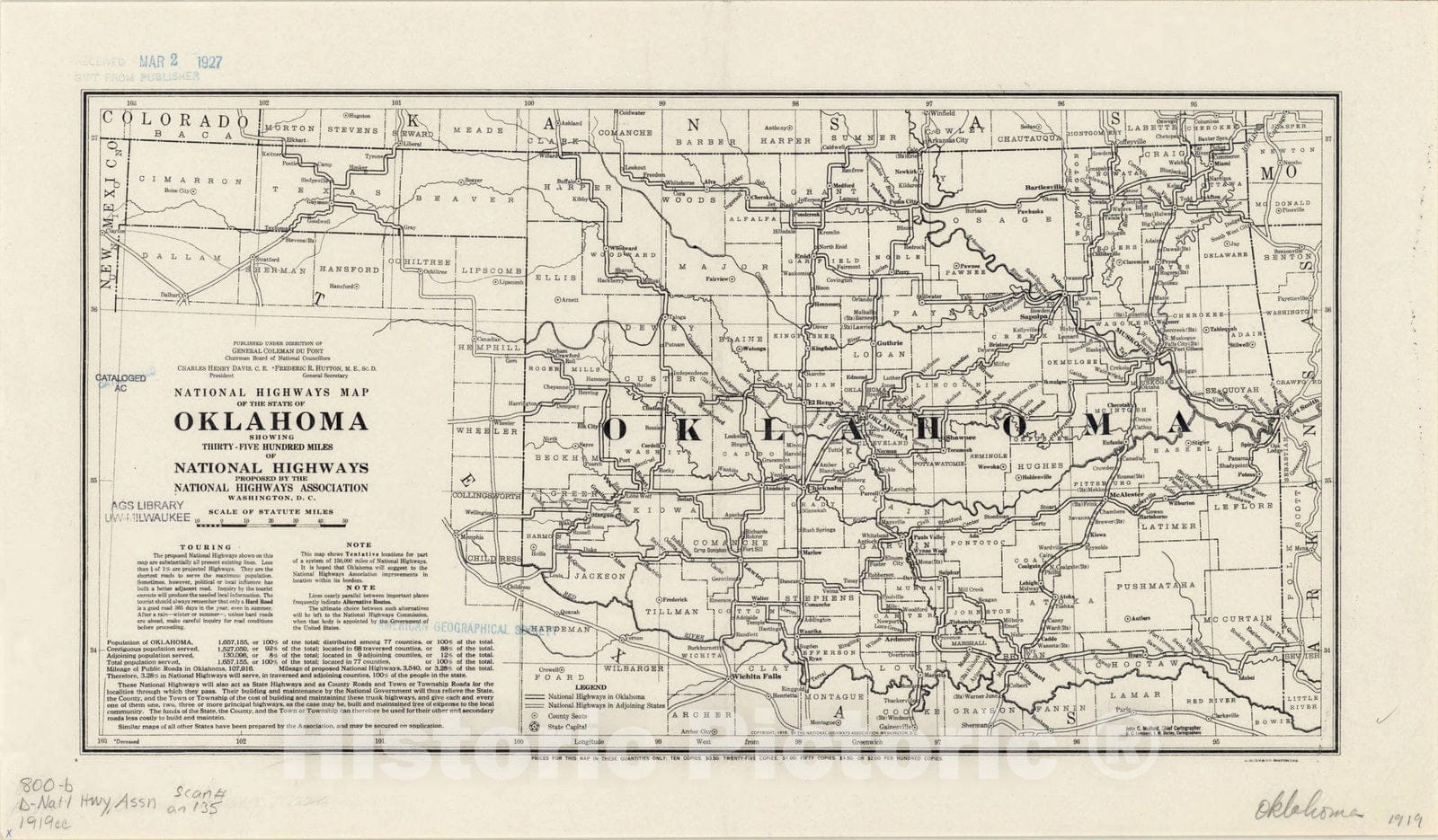 Map : Oklahoma 1919, National highways map of the state of Oklahoma : showing thirty-five hundred miles of national highways