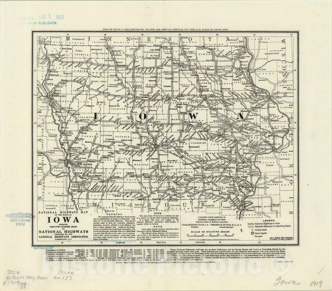 Map : Iowa 1919, National highways map of the state of Iowa : showing twenty-eight hundred miles of national highways