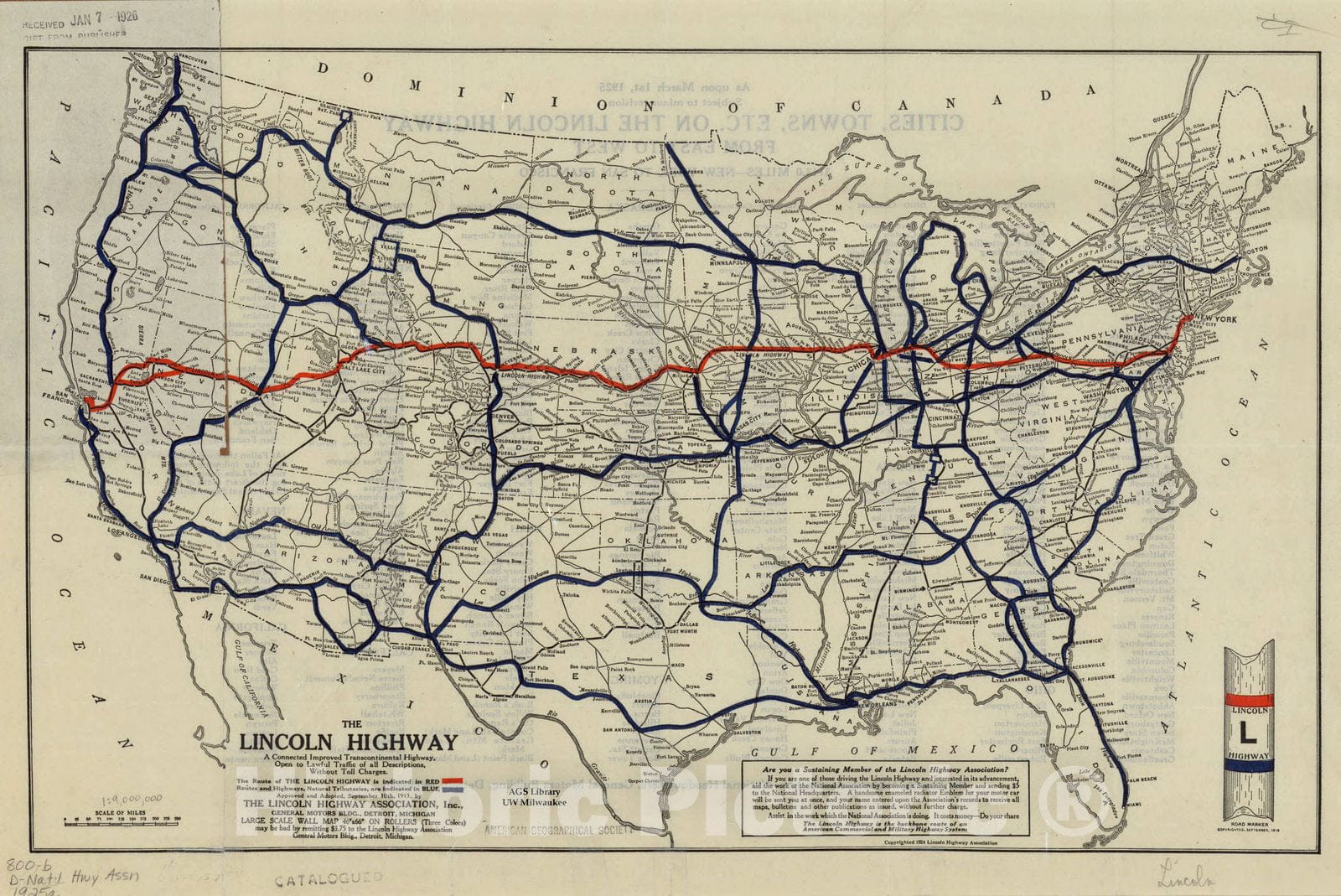 Map : United States 1925 6, The Lincoln Highway and main connecting roads , Antique Vintage Reproduction