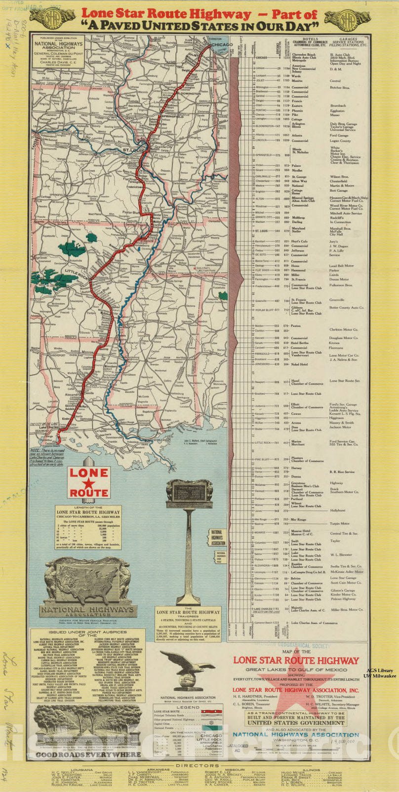 Map : United States 1924, Map of the Lone Star Route Highway : Great Lakes to Gulf of Mexico showing every city, town, village and hamlet throughout its entire length