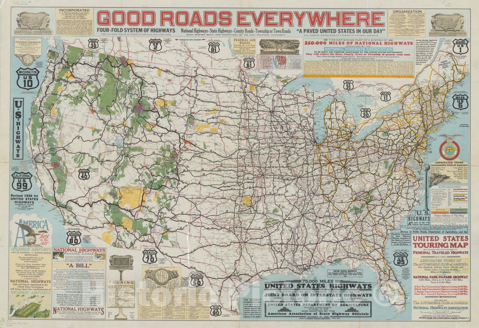 Historic Map : United States 1926 1, United States touring map, showing 150,000 miles of principal traveled highways