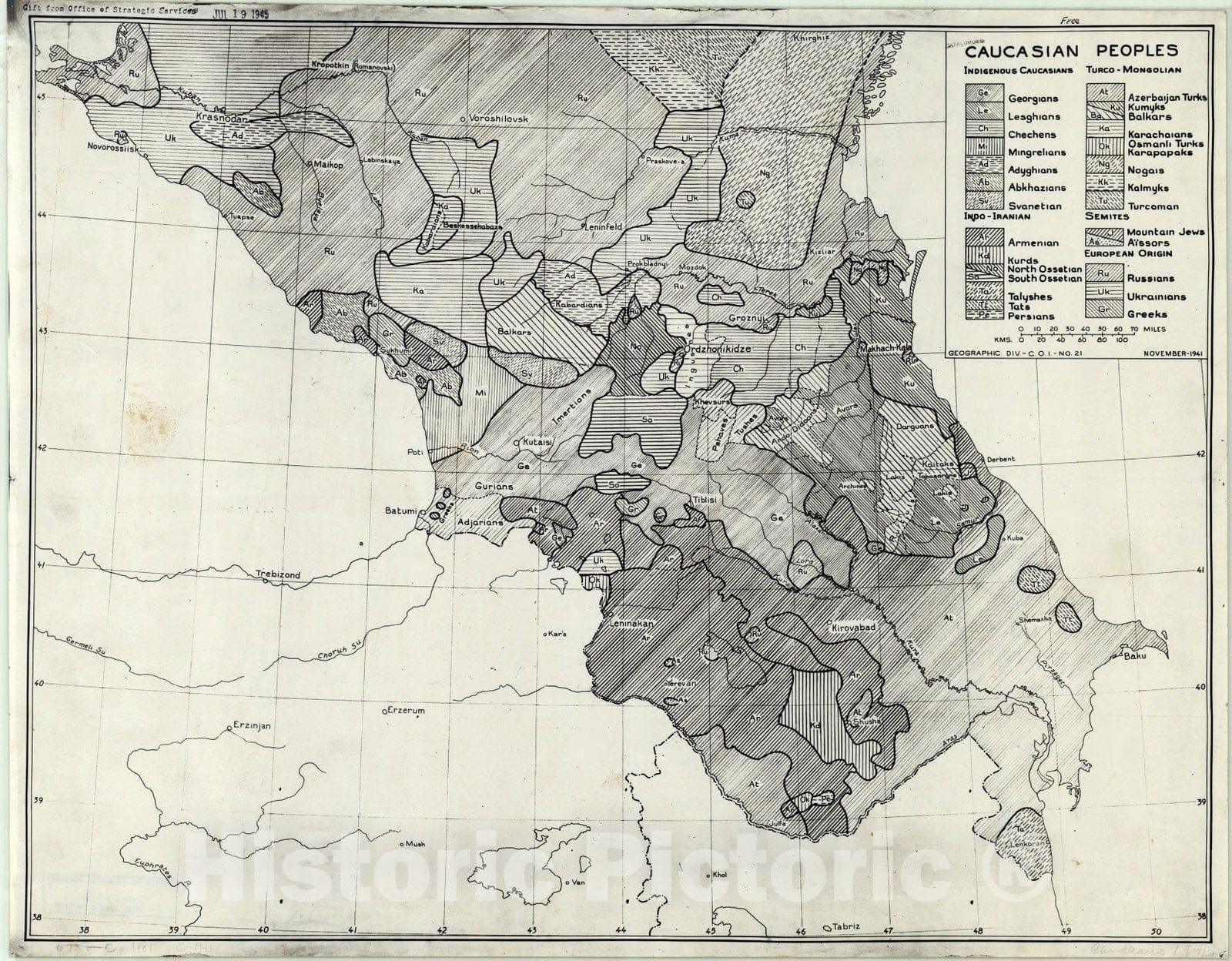 Map : Caucasia 1941, Caucasian peoples, Antique Vintage Reproduction