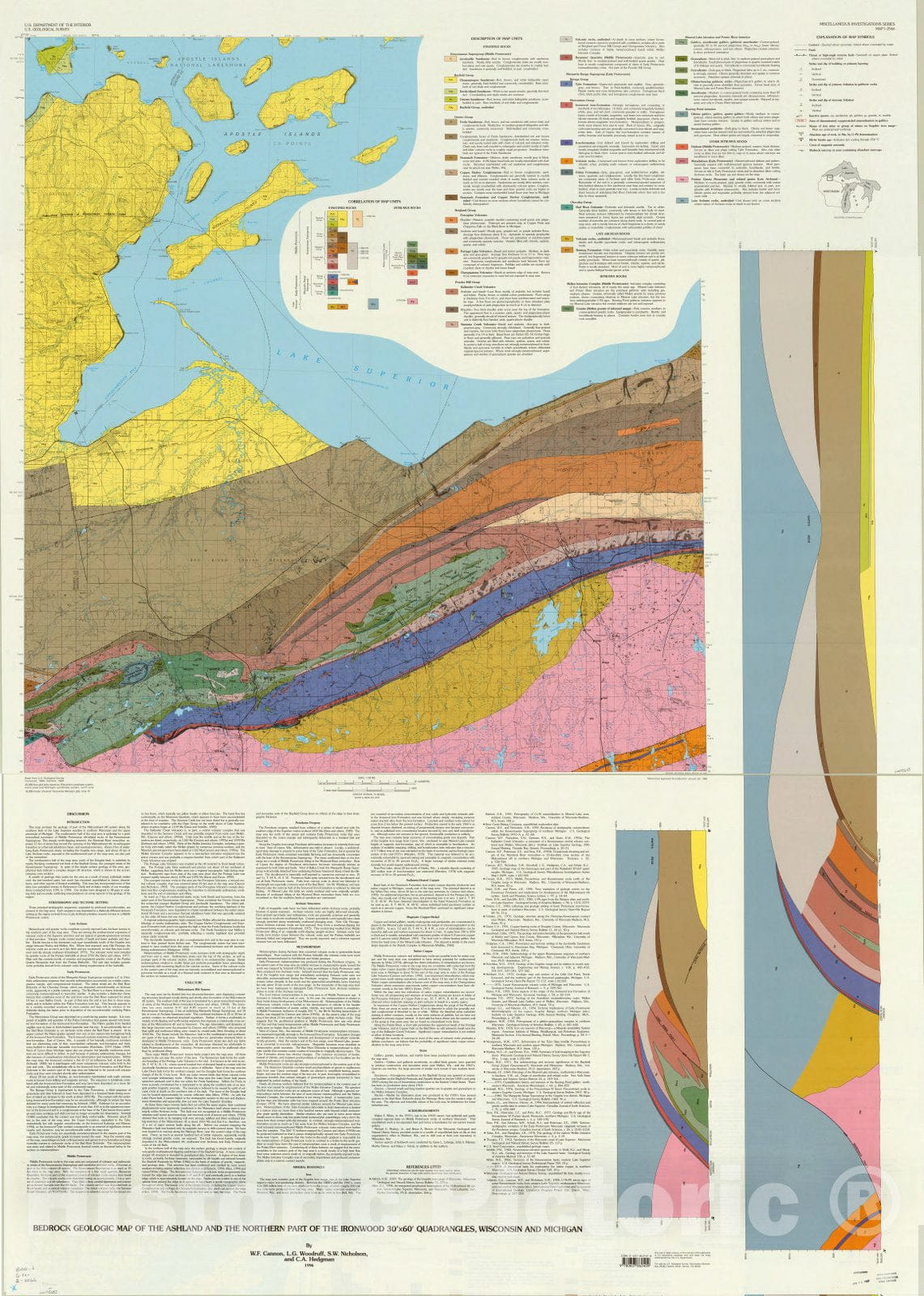 Map : Ashland and Ironwood, Wisconsin 1996, Bedrock geologic map of the Ashland and the northern part of the Ironwood 30 x 60 quadrangles, Wisconsin and Michigan