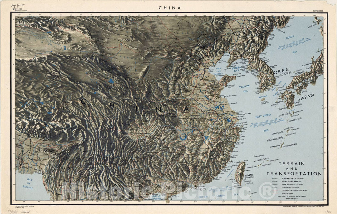 Map : China 1944, China, terrain and transportation , Antique Vintage Reproduction